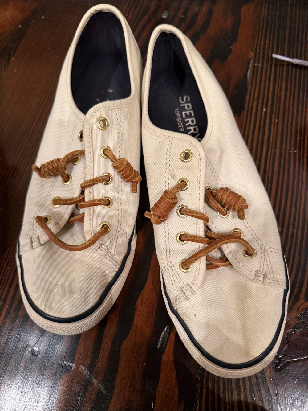 Sperry Cream Canvas Boat Sneakers with Tan Leather Laces